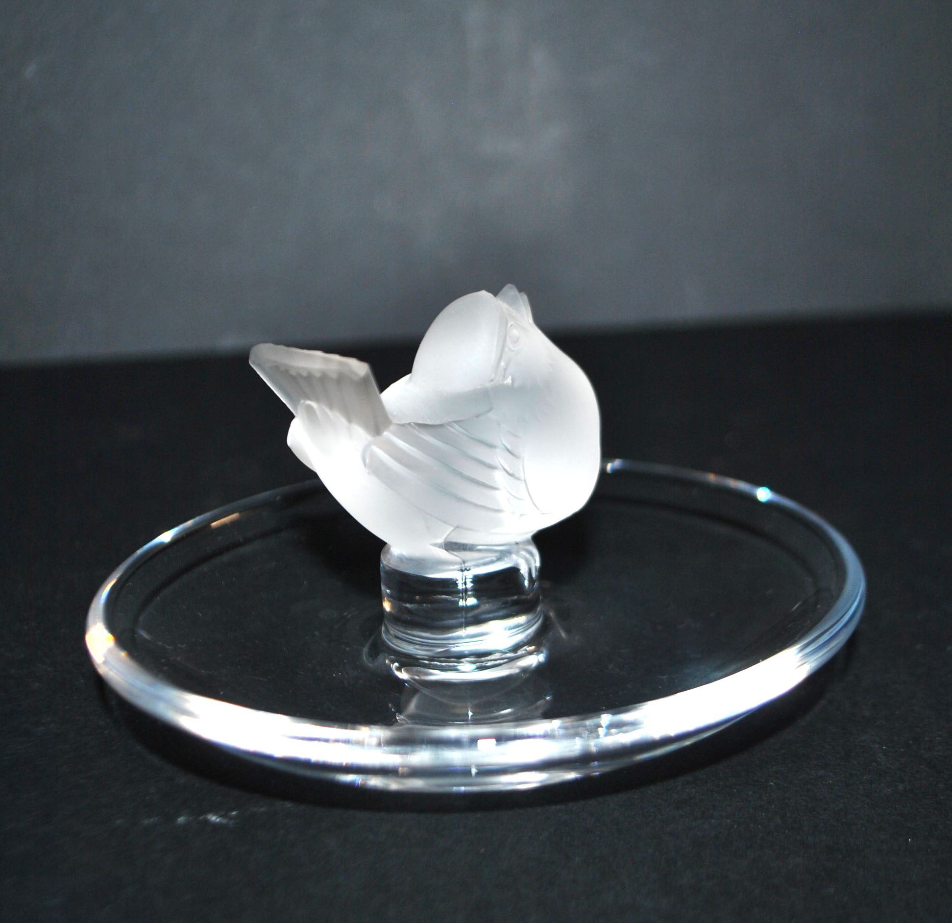 Lalique ashtray bowl Cheeky Sparrow crystal frosted and signed