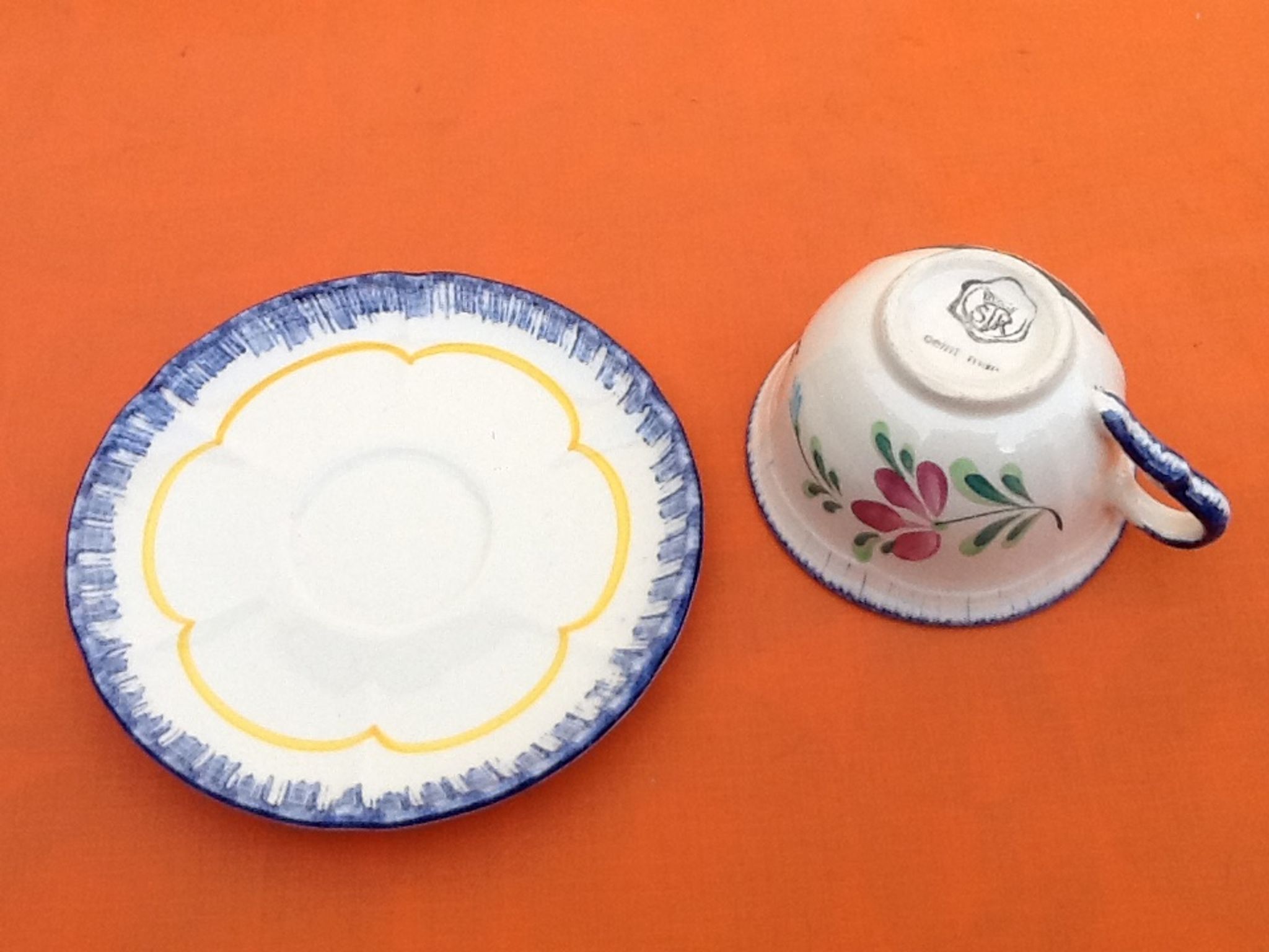 Cup / Saucer for lunch Faience with stamp crowned STR (Sainte Radegonde-en-Touraine)