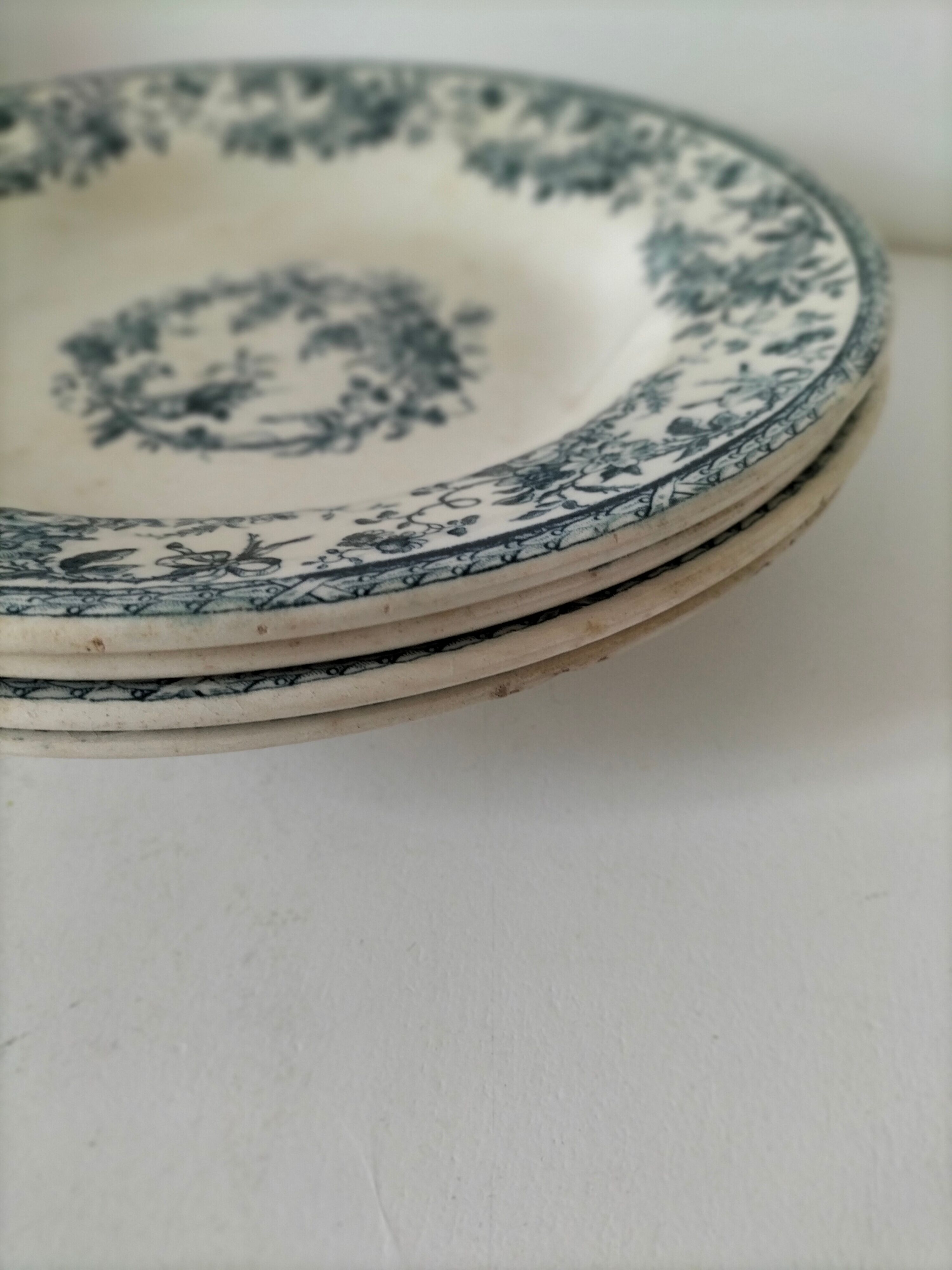 4 assiettes creuses Gien Bouquets de Roses terre de fer bleu de prusse