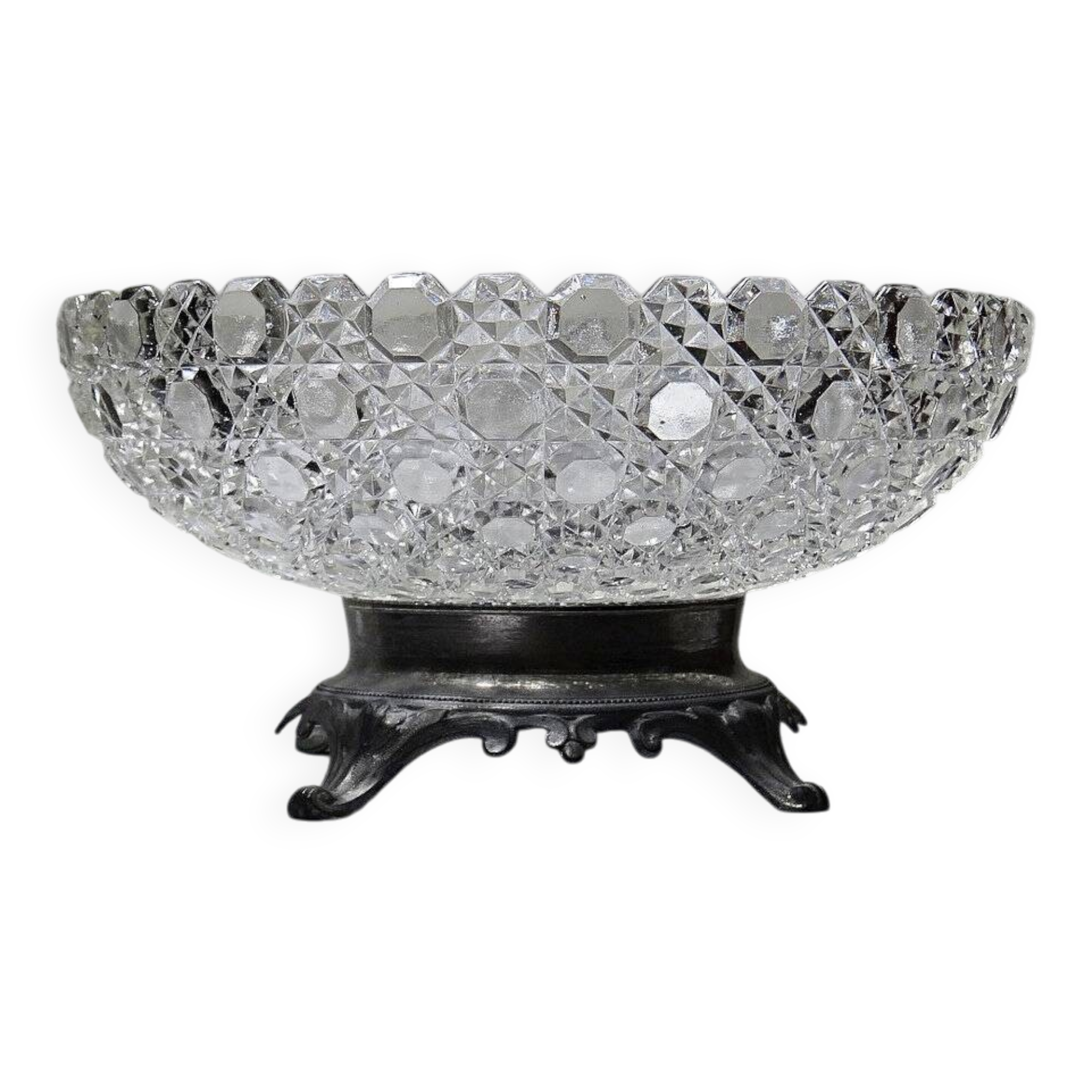 Antique pressed glass bowl with diamond points, circa 1920-1950, on a pewter base