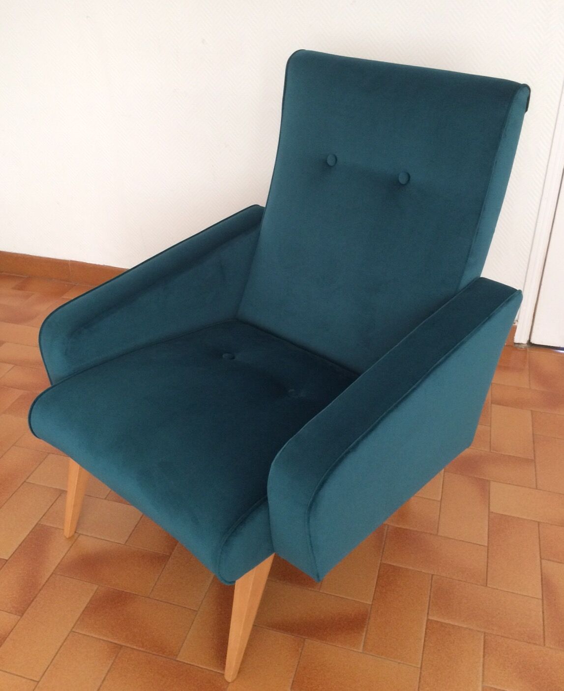 Armchair  50/60 years, duck blue velvet restored
