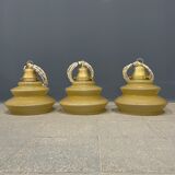 Vintage ocher glass hanging lamps with brass gallery