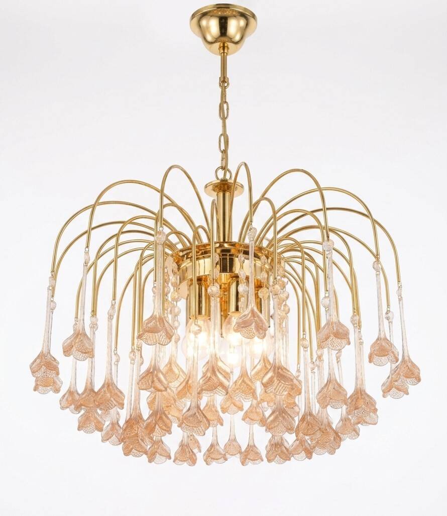 Vintage chandelier rain gold with handmade Murano glass pink flowers.