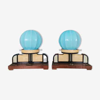 Pair 1940s wood and blue opal glass Art Deco table lamps