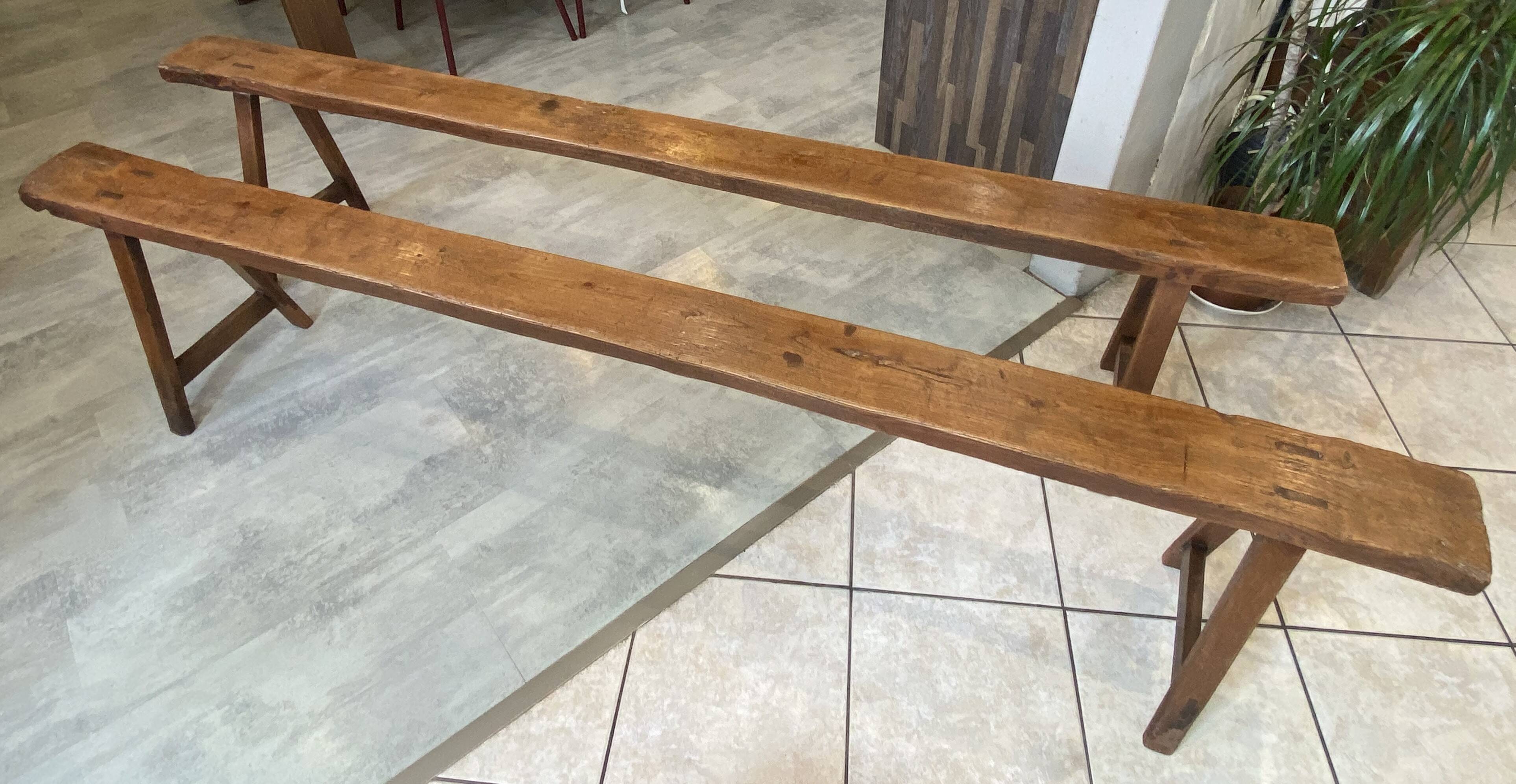 Pair of solid oak farmhouse benches 214cm for rustic table 1950
