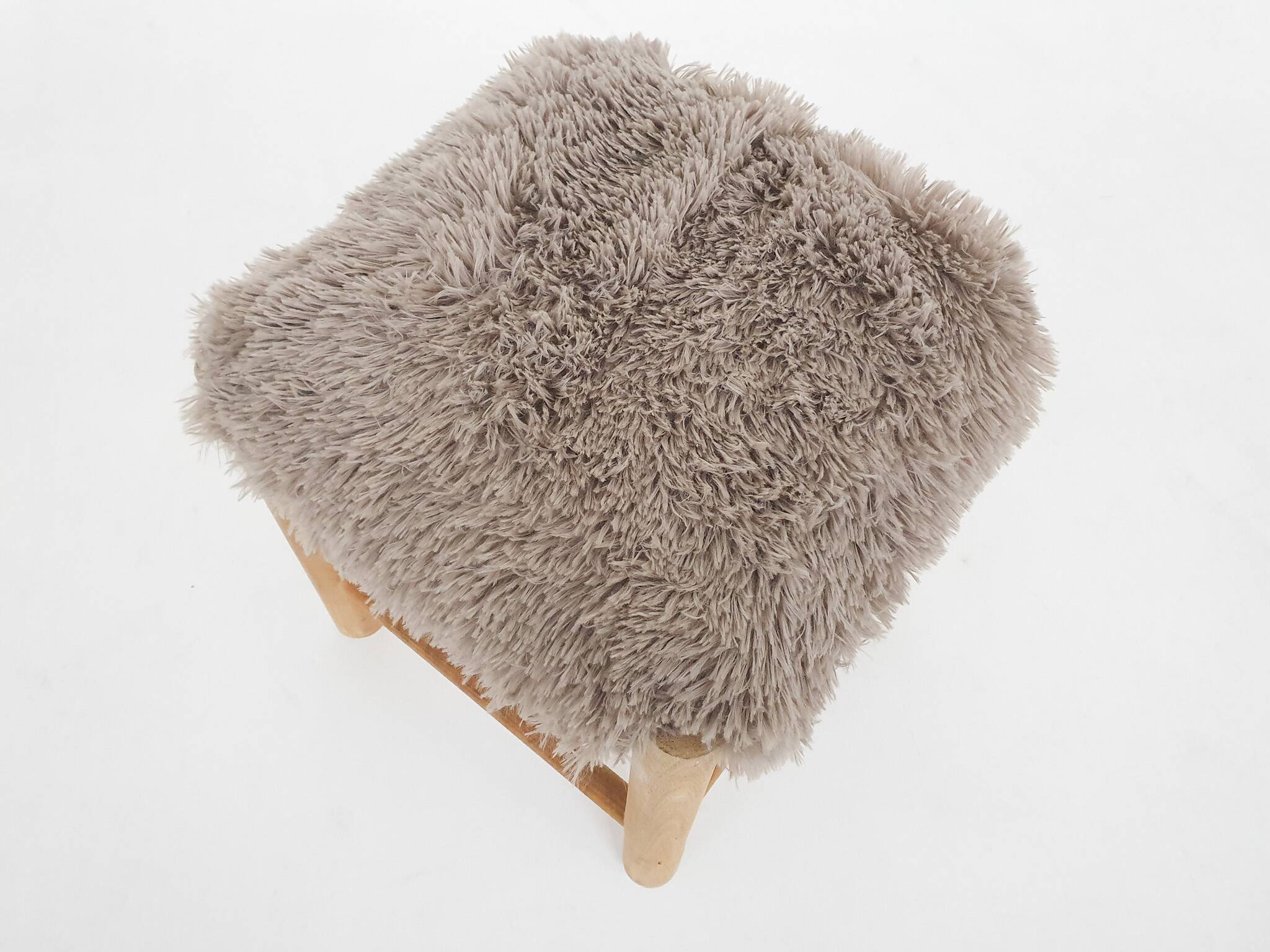 Mid-century wooden stool with fake-fur upholstery, Denmark 1960's