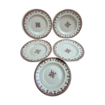 Set of 5 deep plates Terre de Fer Clairefontaine Rouen sepia 19th century