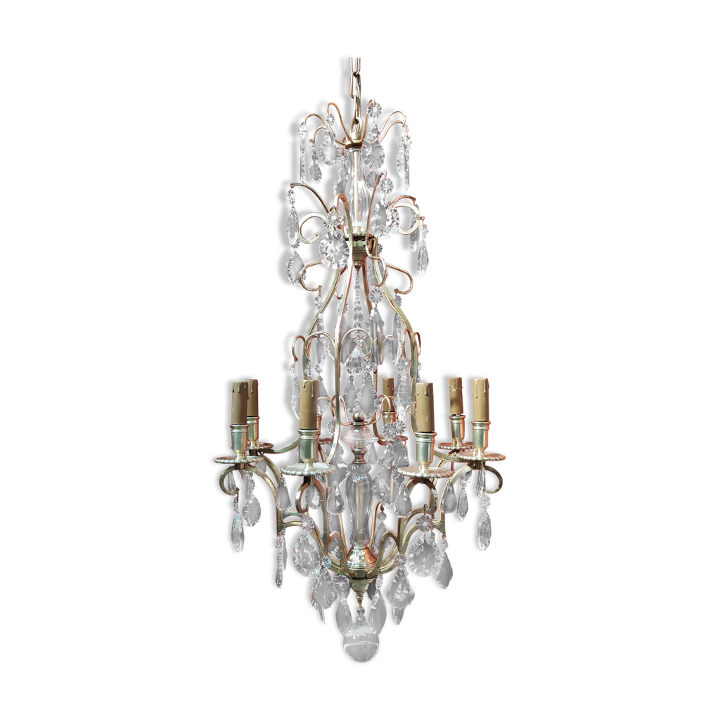 Lustre cage à pampilles de cristal, à huit points de lumière | Selency