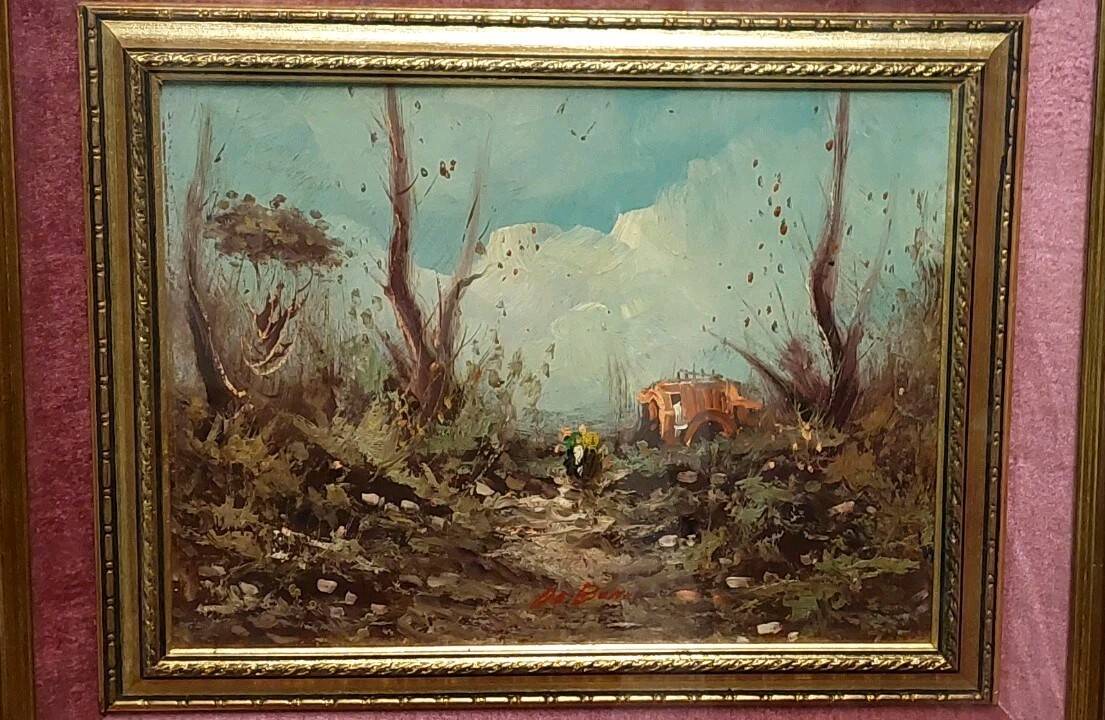 Oil painting on faesite landscape signed "DE BONI" 60s with frame