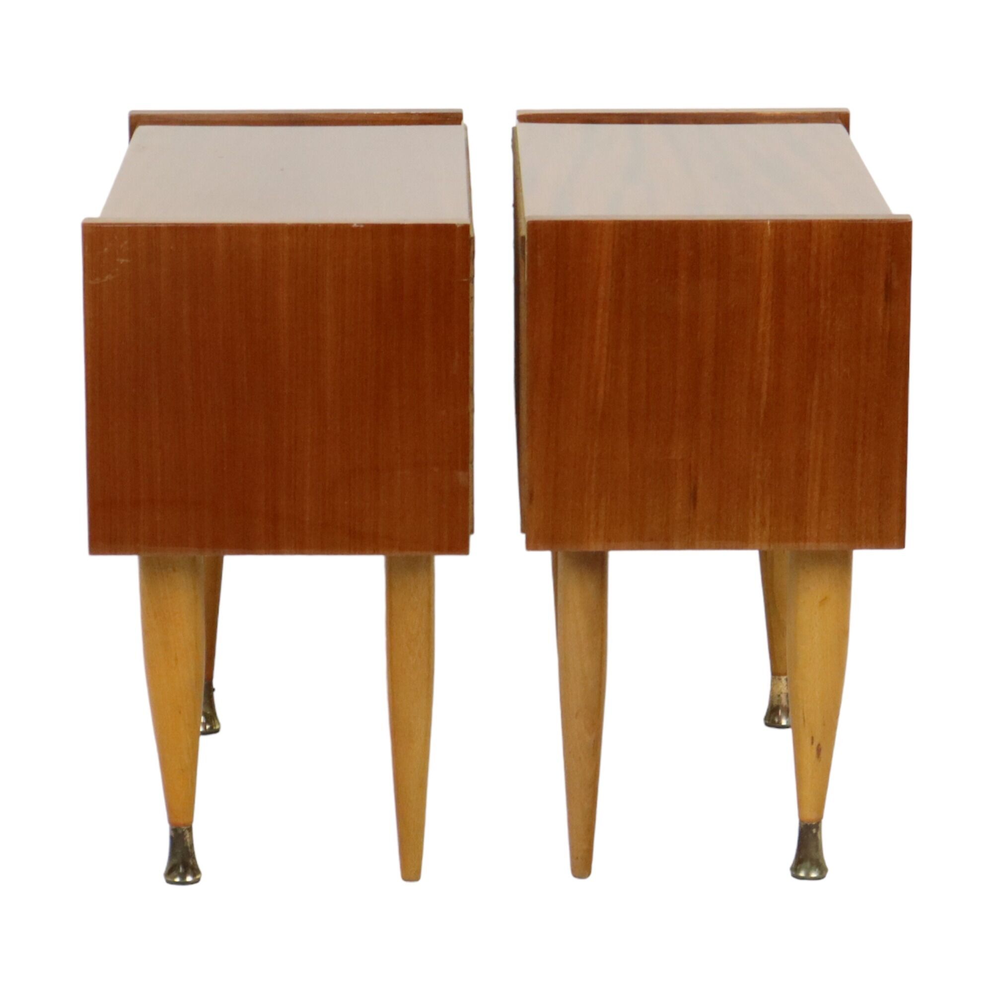 Pair of vintage wooden bedside tables hinged door conical 1960s design