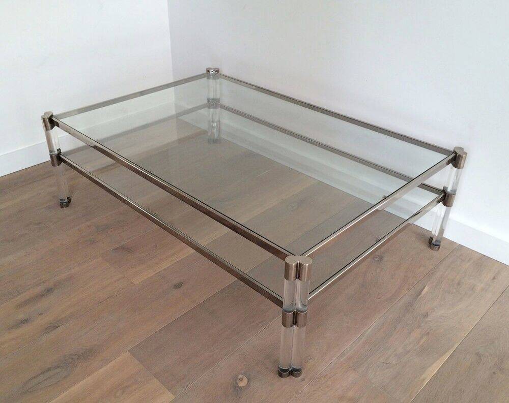 Large coffee table in plexiglass and chrome with a double glass top.