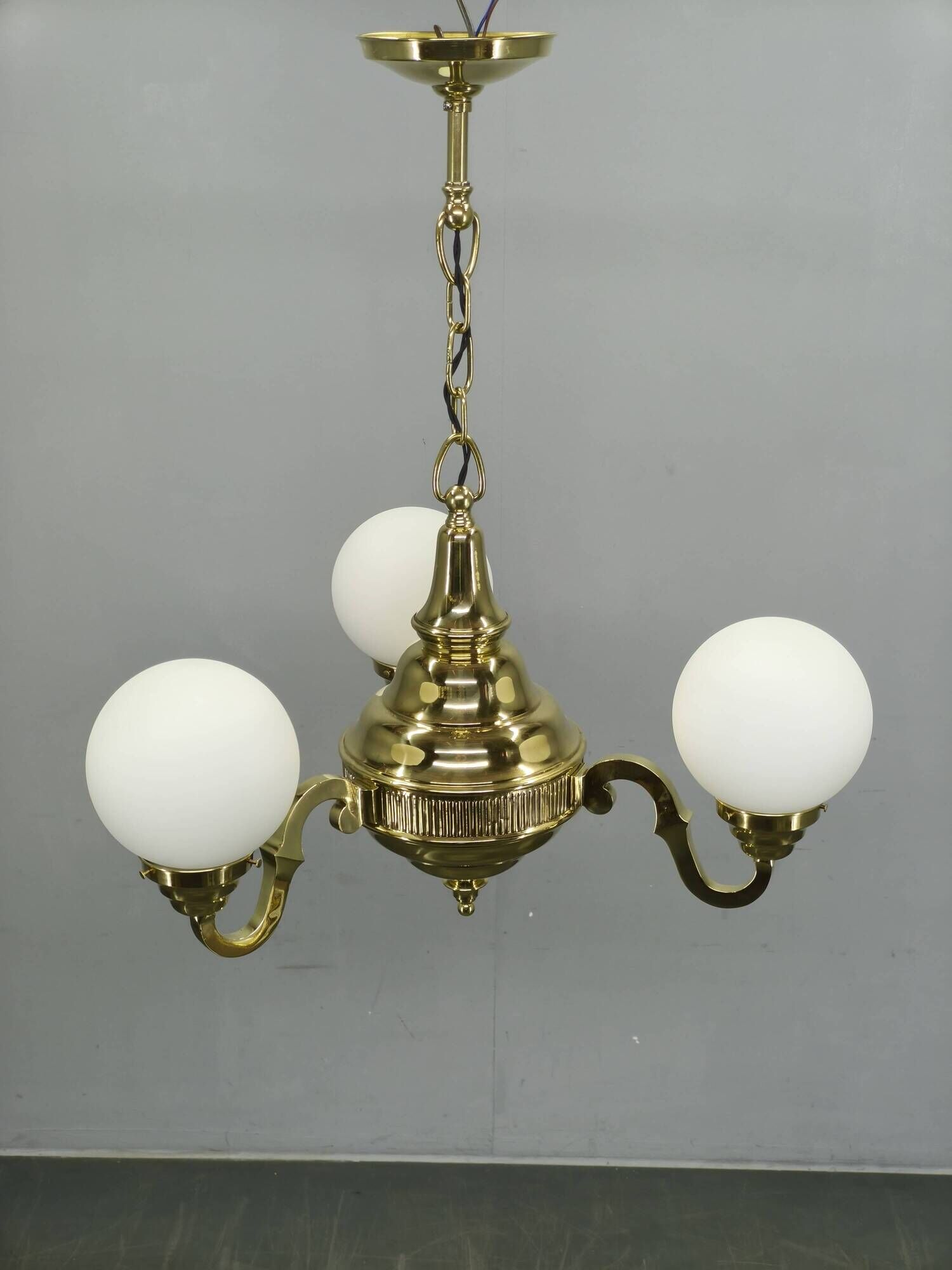 1930s Czech Neo-Baroque Brass Chandelier with Opaline Glass Globes
