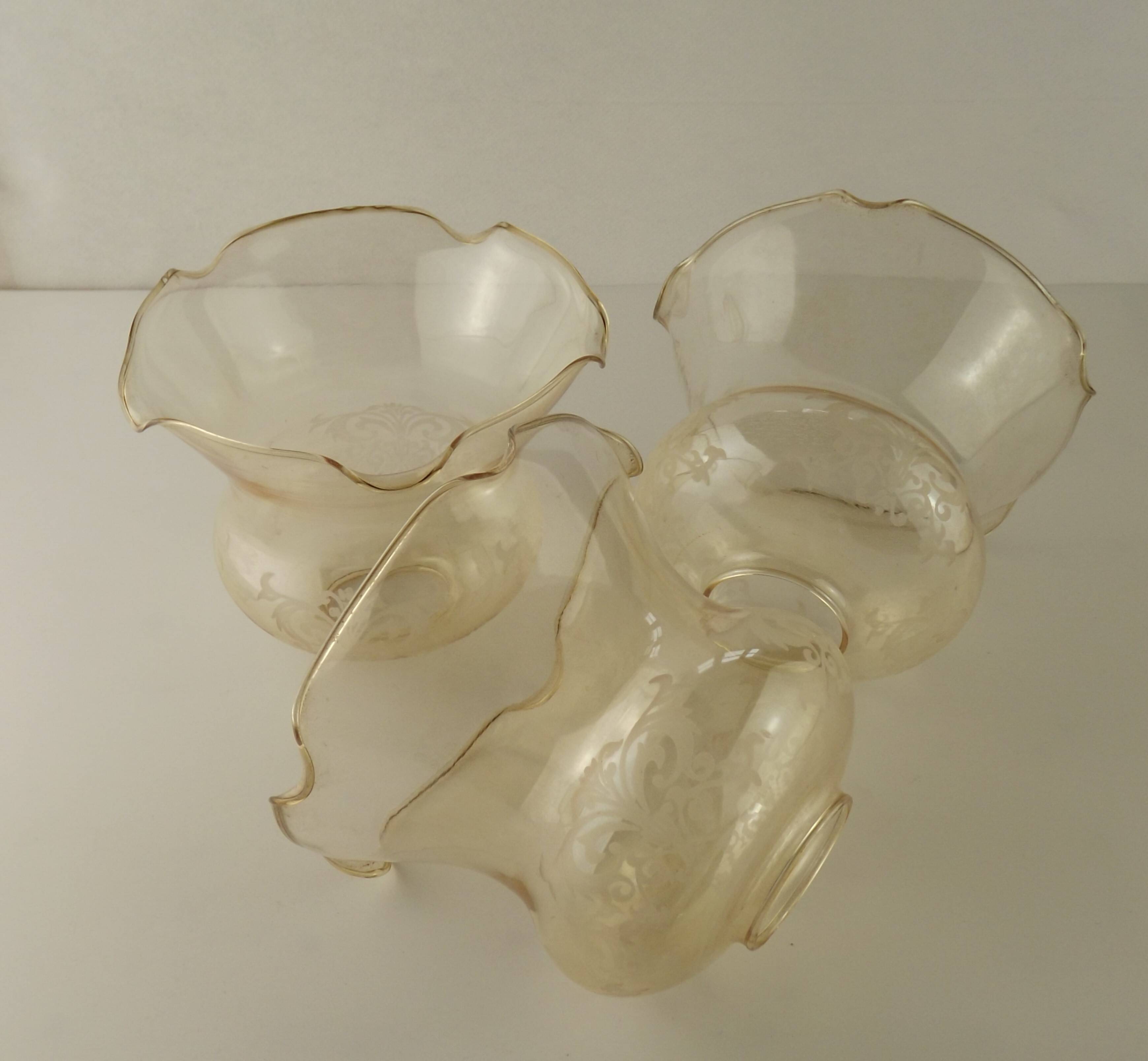 Set of 3 Vintage Glass Bell Shades In Smoked Amber Glass Scroll Motif  5596