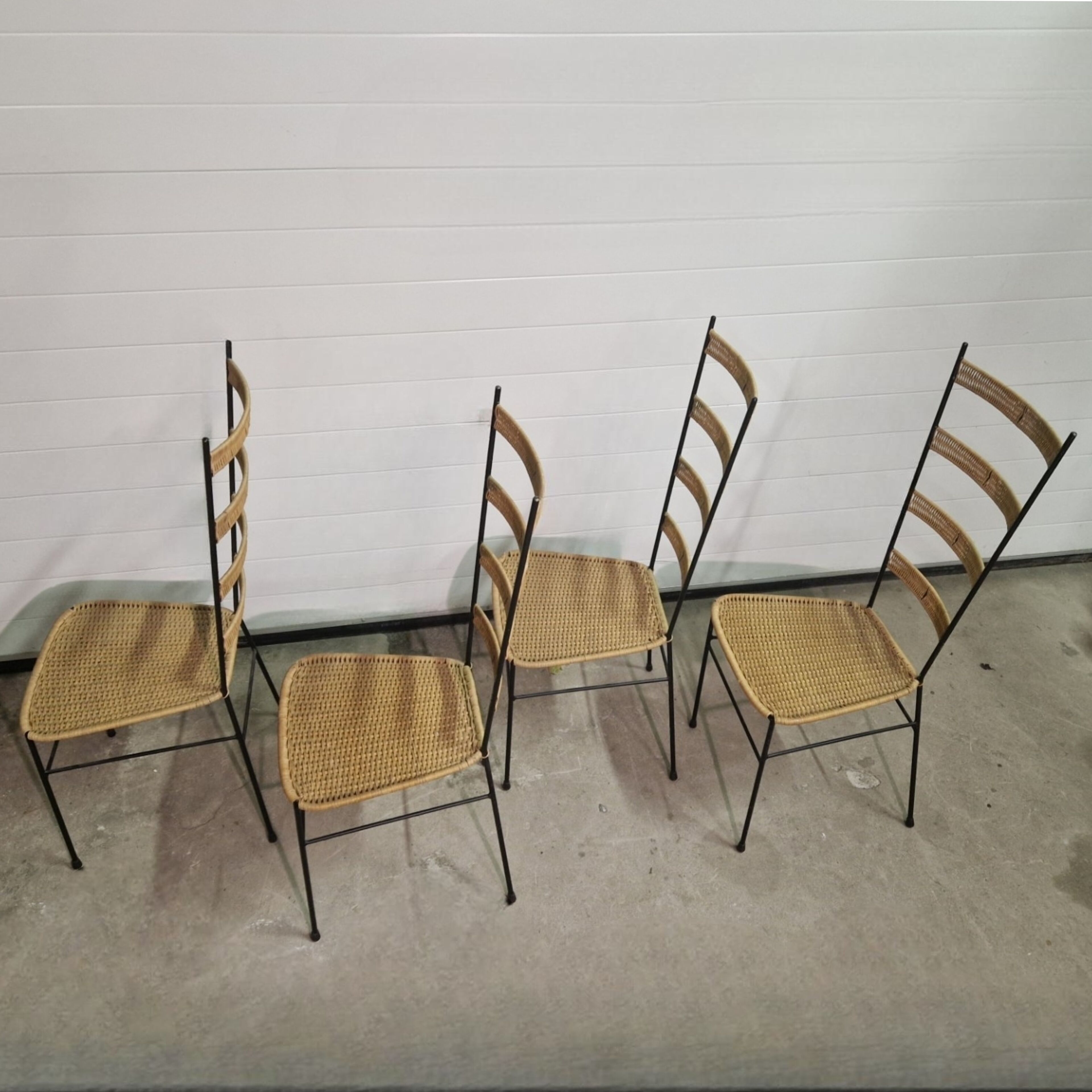 Mid century metal and wicker dining chairs, France 1950s