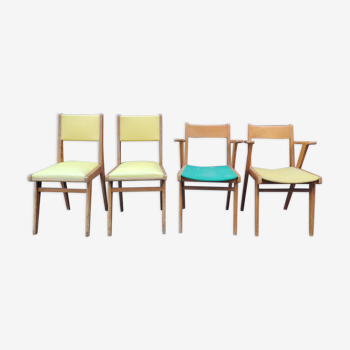 2 armchairs, 2 chairs 50s wooden