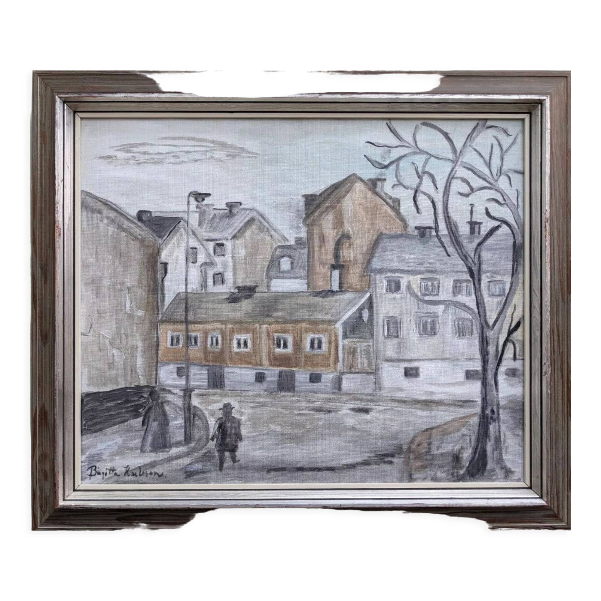 Mid-Century Modern "Stroll" Swedish Vintage Street Scene Oil Painting, Framed