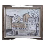 Mid-Century Modern "Stroll" Swedish Vintage Street Scene Oil Painting, Framed
