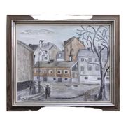 Mid-Century Modern "Stroll" Swedish Vintage Street Scene Oil Painting, Framed