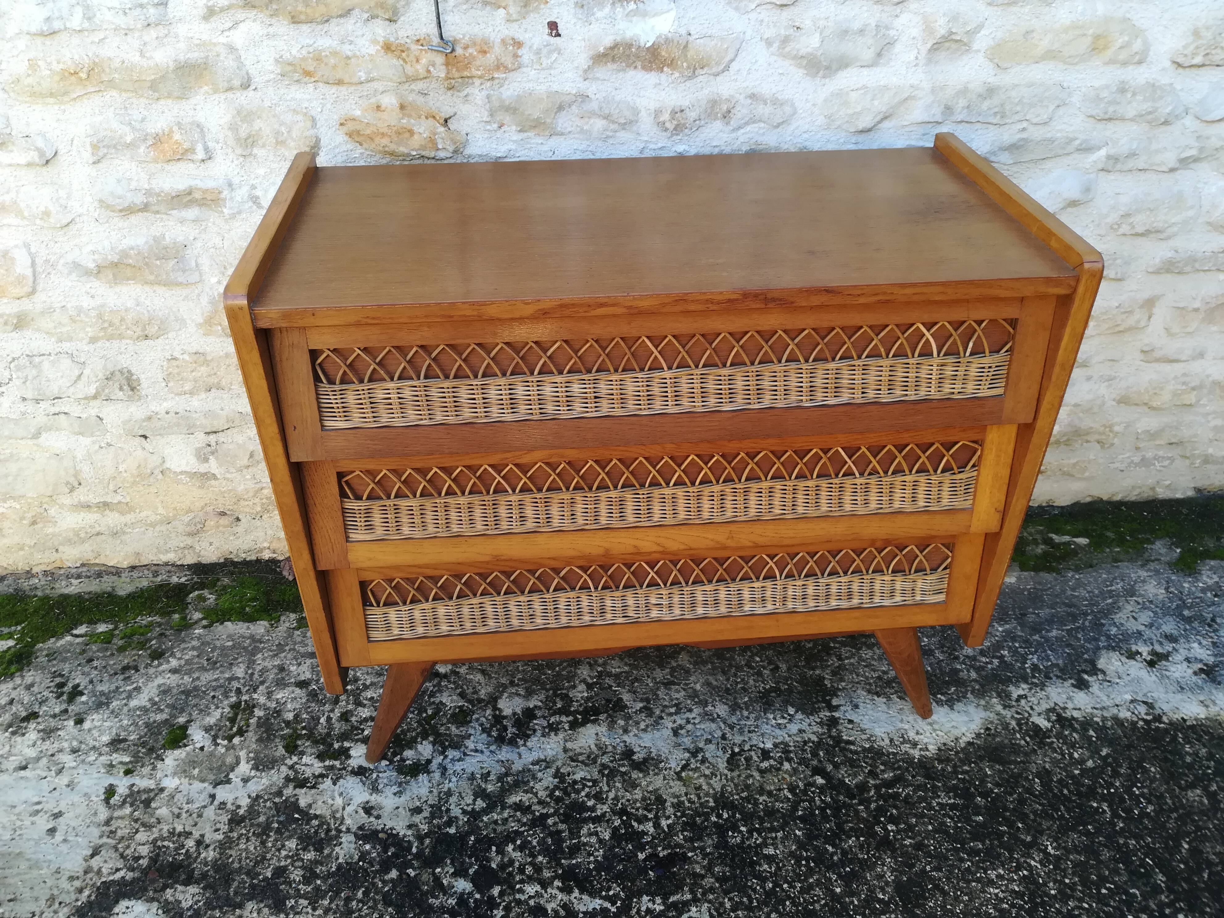 Vintage rattan and oak chest of drawers