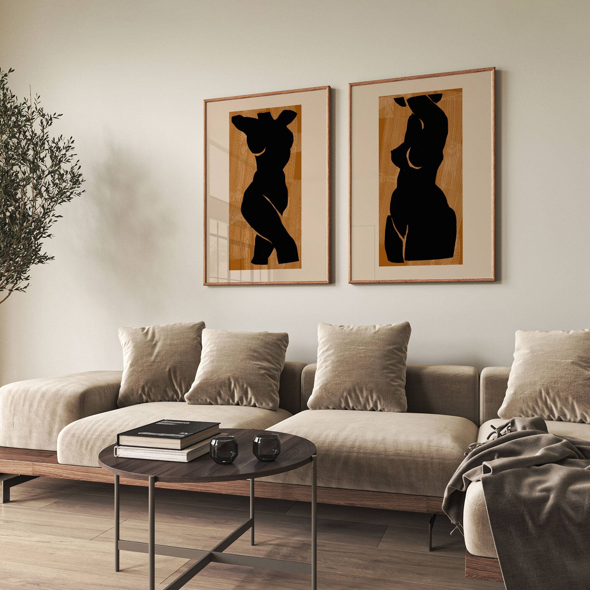Paire d’estampes, art mural silhouette féminine. Lot de deux, 50x70cm