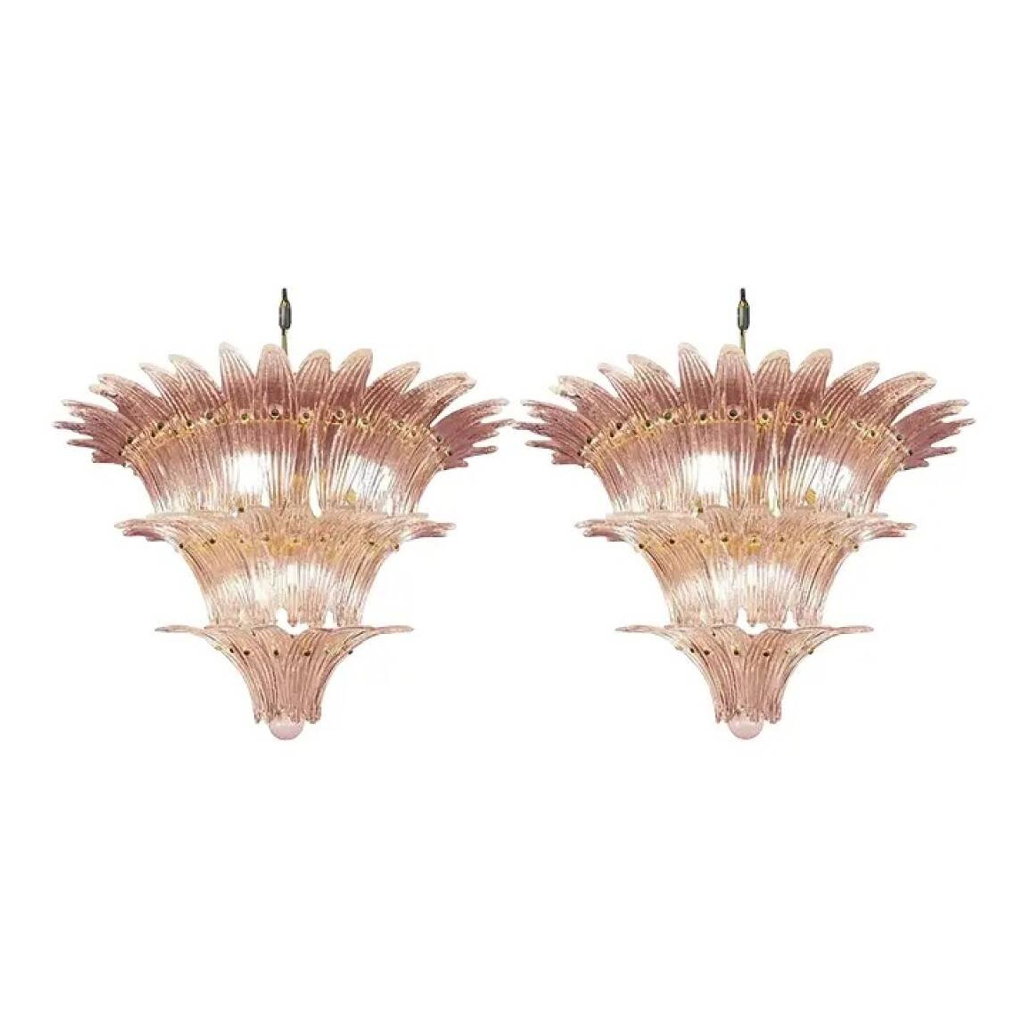 Luxury Pair of Pink “Palmette” Murano Glass Chandeliers in Mid-Century