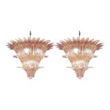 Luxury Pair of Pink “Palmette” Murano Glass Chandeliers in Mid-Century