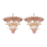 Luxury Pair of Pink “Palmette” Murano Glass Chandeliers in Mid-Century