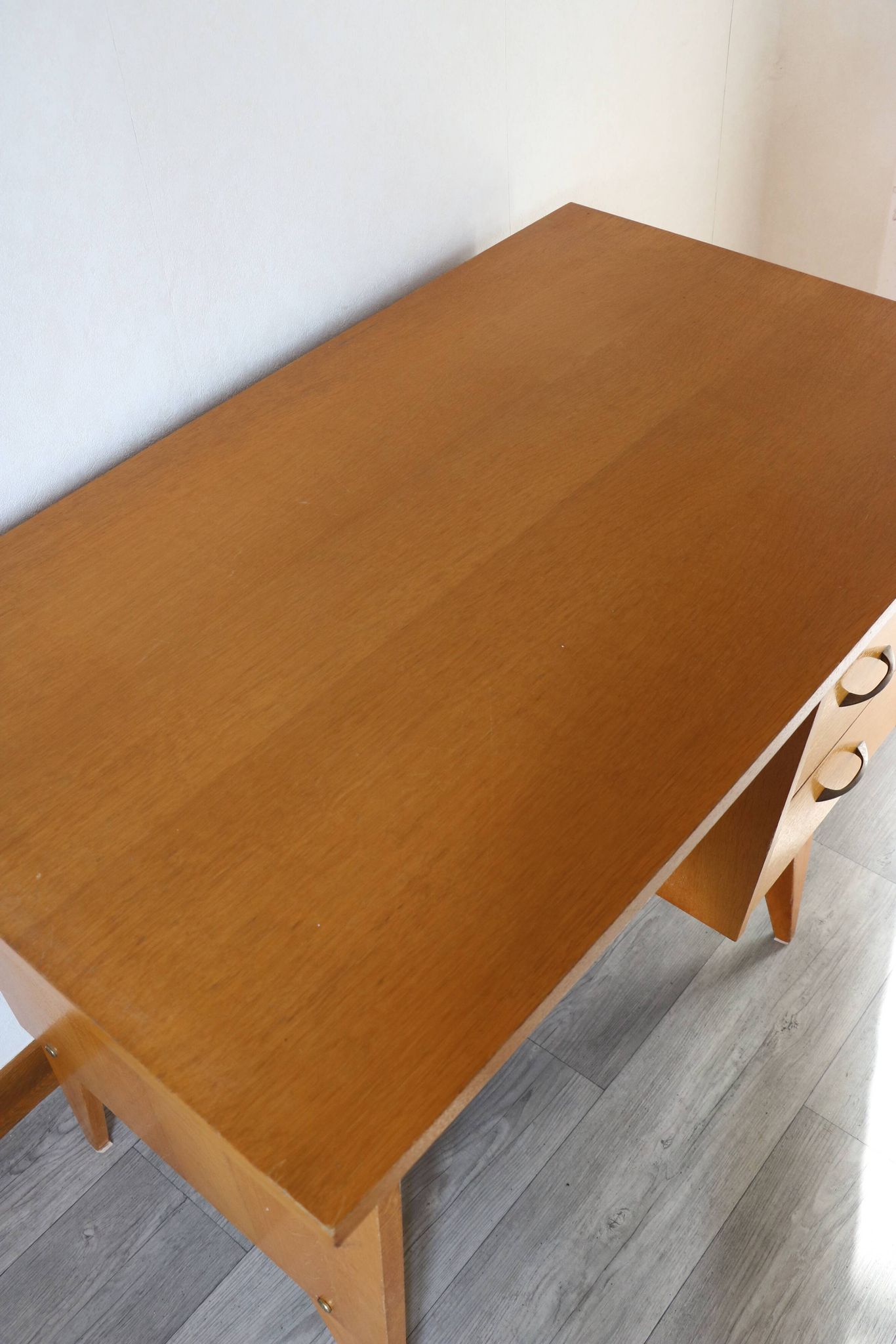 Oak desk, splayed legs, drawers, 1960.