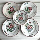 5 plates with colorful Sarreguemines floral designs.