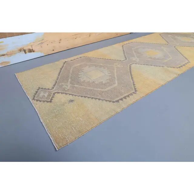 1970s Turkish Oushak handmade beige runner rug 92x344