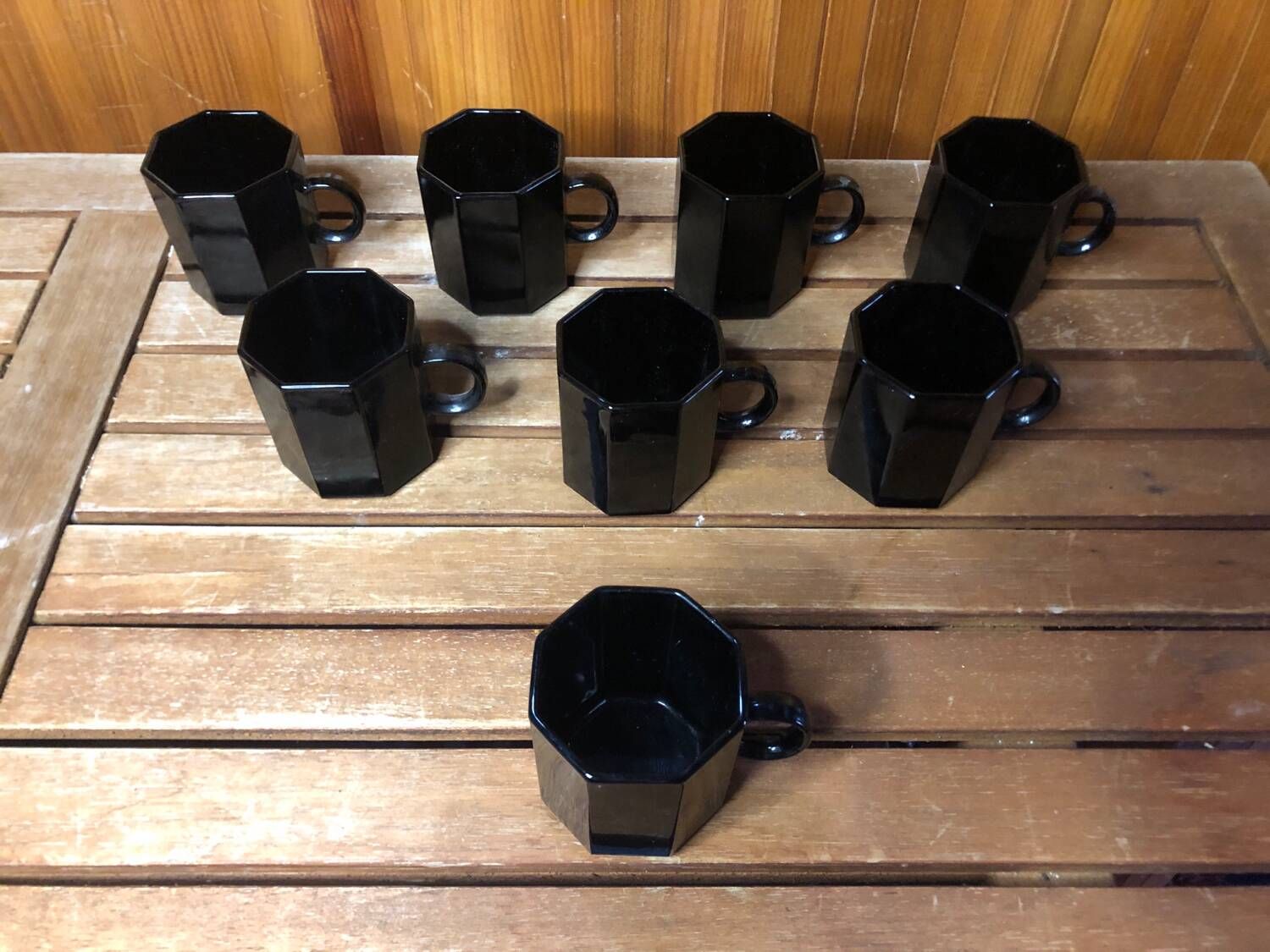 Series Of 8 ESSO Cups Black Ceramic Collection France Vintage
