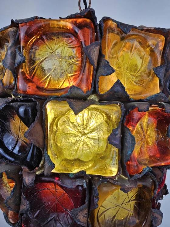 Very rare and unique set of pendant lamps, brutalist glass and metal by Felipe Delfinger for Feder, 1970s Mexico