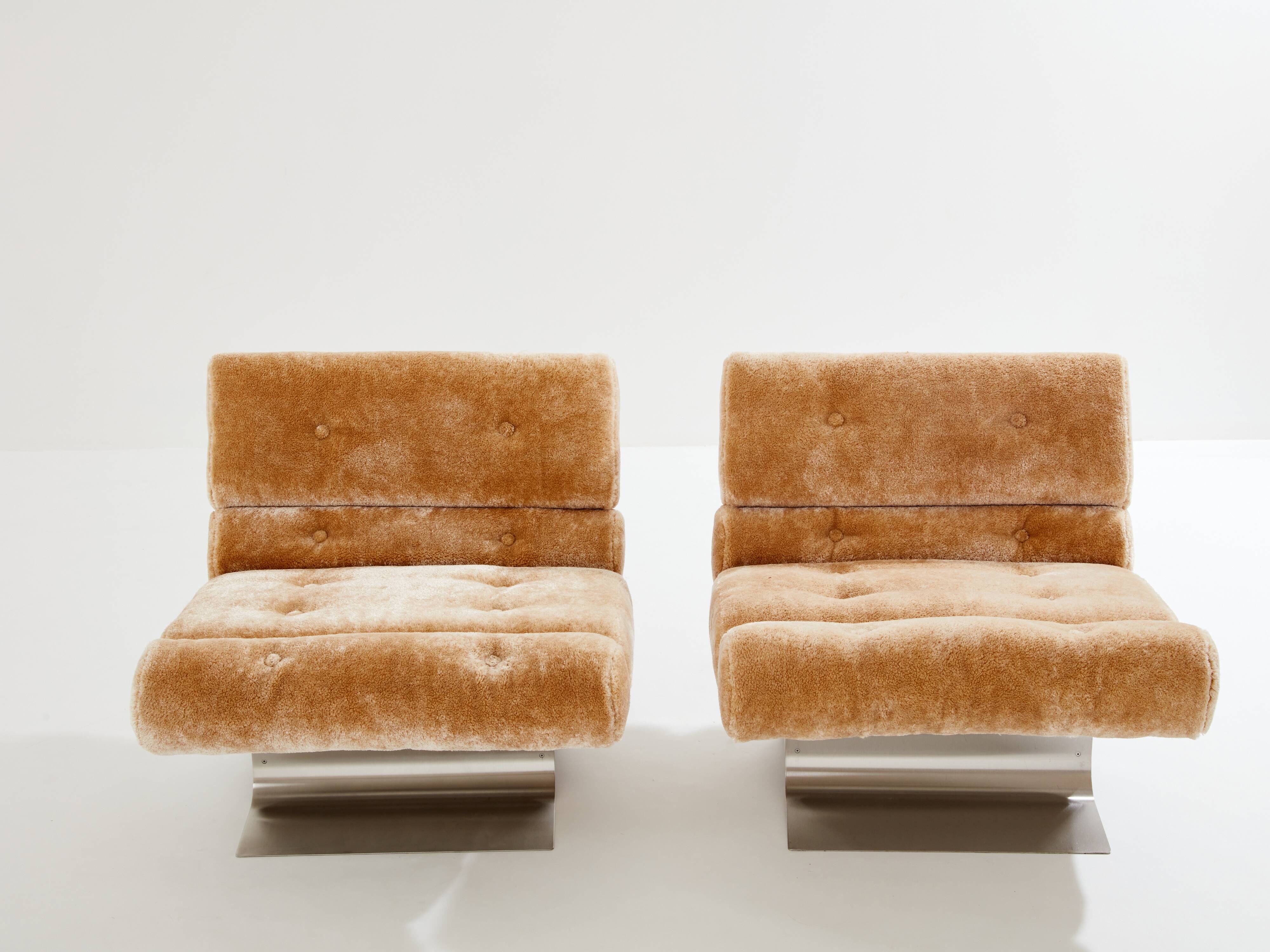 Pair of steel and Mohair velvet armchairs by François Monnet 1970