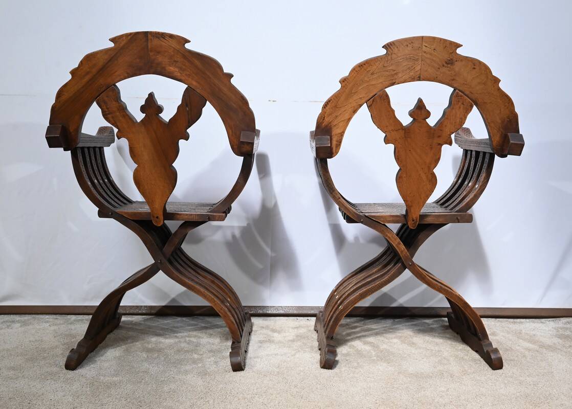 Pair of Savonarola Syrian Walnut Armchairs – Late 19th Century