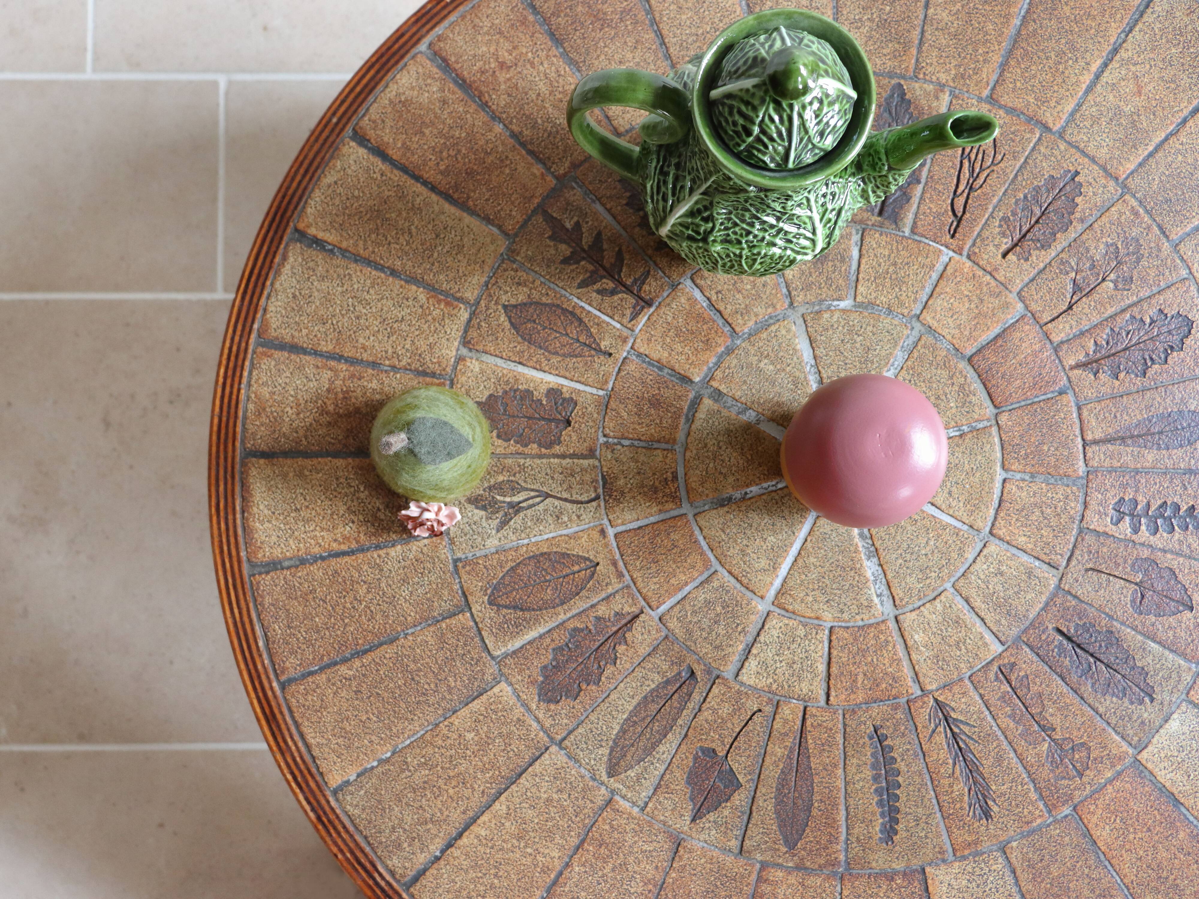 Round coffee table in wood and ceramic by Roger Capron, herbier/garrigue model, 60s/70s