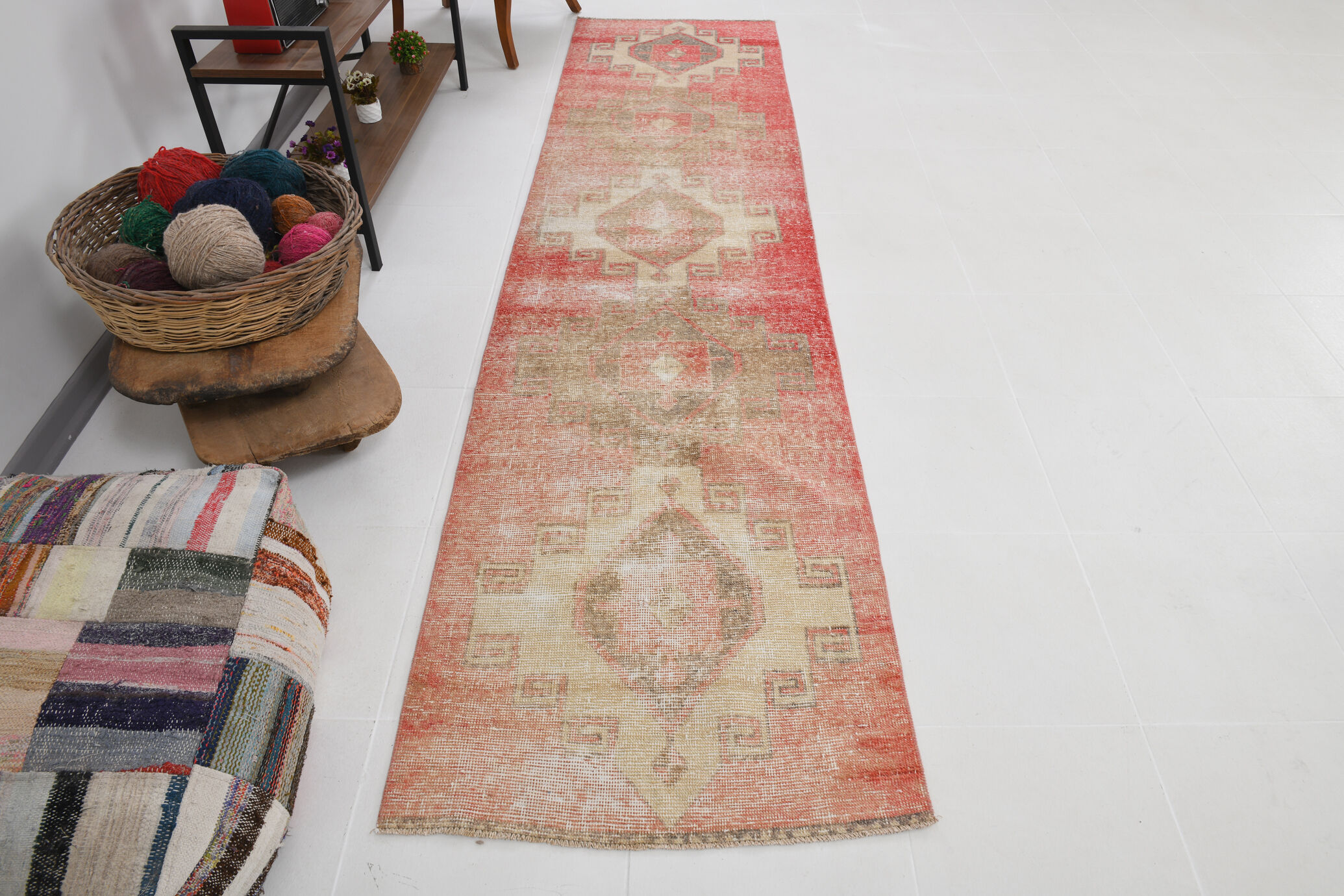 Red & beige vintage runner rug