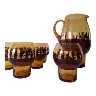 Carafe et ses verres ambrés/ dorés 70's