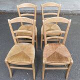 4 chaises bois massif blond chêne et paille