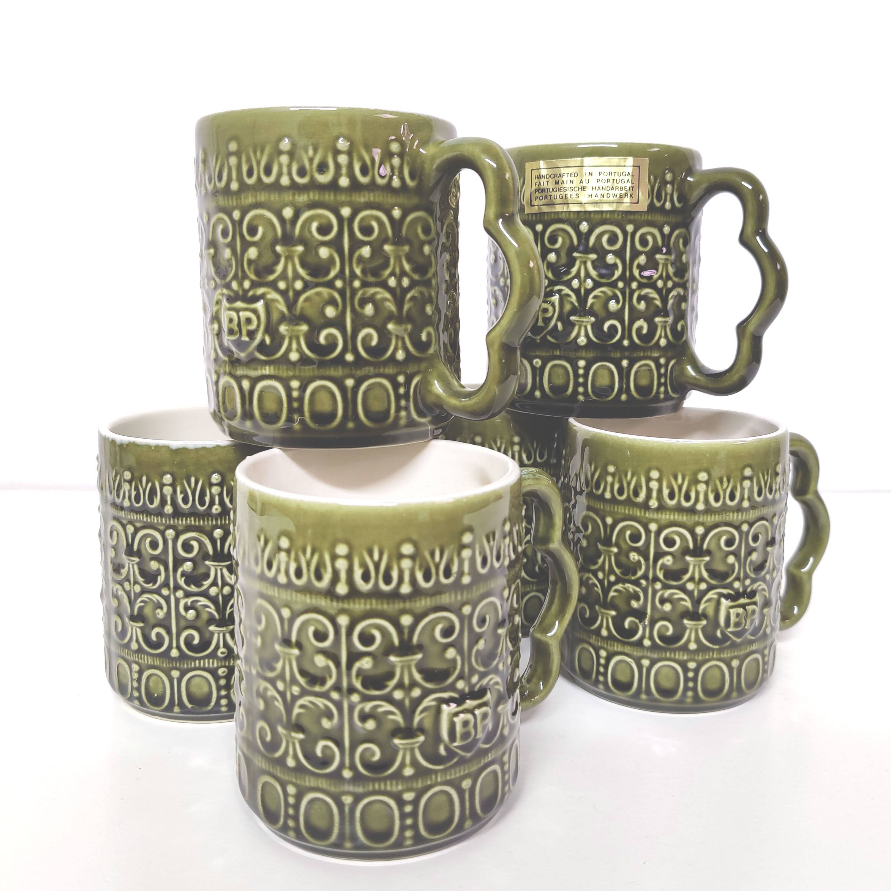 Set of 6 BP mugs in green slip vintage Portuguese ceramic 70s