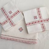 antique red and white table service "DB" tablecloth 1.55m x 2.20m and its 12 napkins