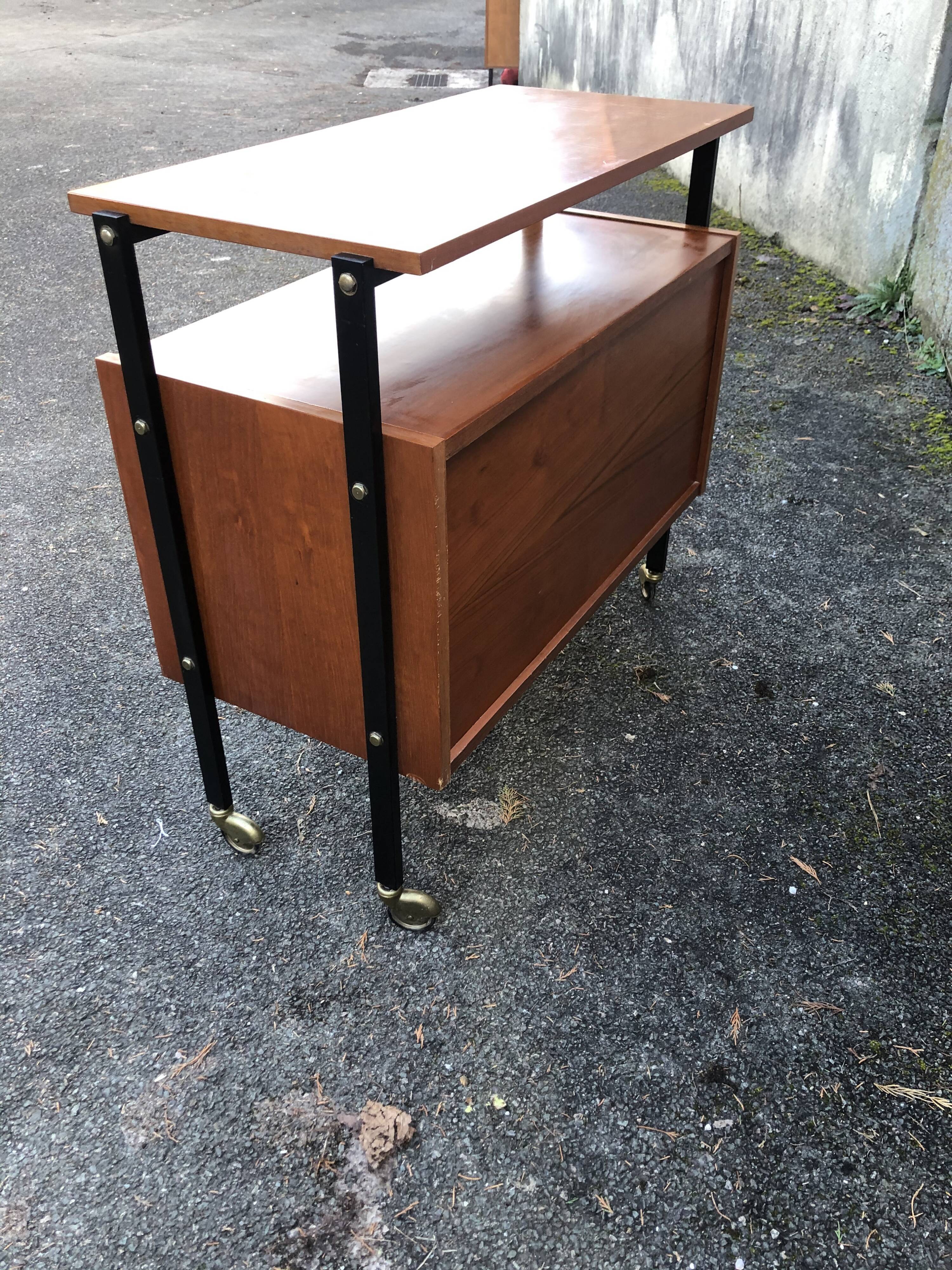 1960 wheeled furniture wood and black metal