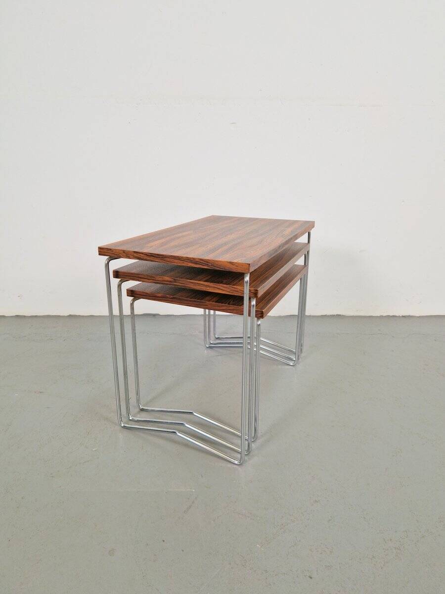 Tables gigognes en chrome et bois de Brabantia, années 1970, ensemble de 3