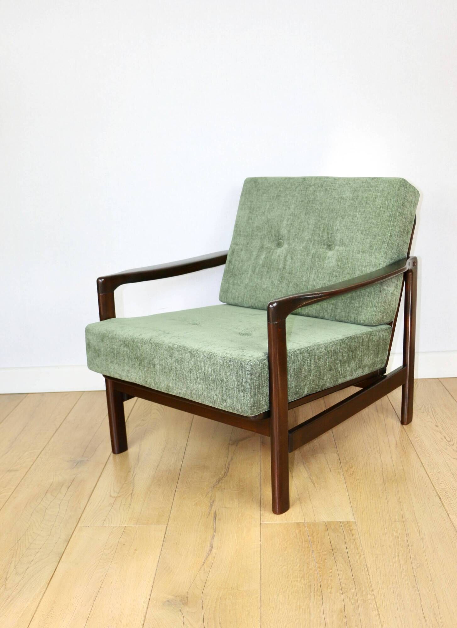 Vintage brown wooden armchair green-olive jeans design by Z. Bączyk - 2 pieces available