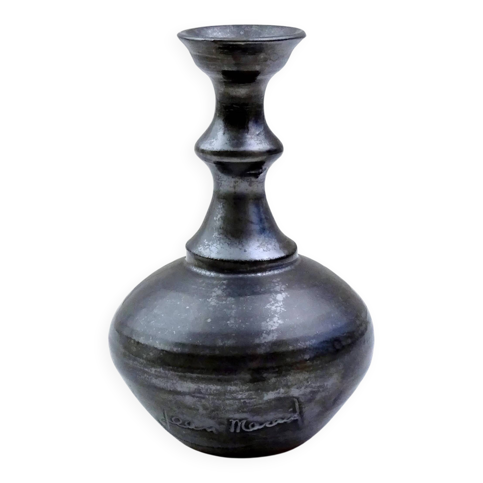 Petit vase à bourgeons vintage en céramique d'atelier Jean Marais, style moderne du milieu du siècle, avec glaçure Vallauris noire irisée, style rétro MCM, porcelaine française des années 1960