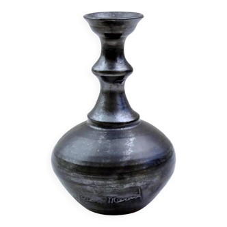 Small vintage mid-century modern Jean Marais studio pottery bud vase with black irradiant Vallauris glaze, retro MCM, 1960s French china