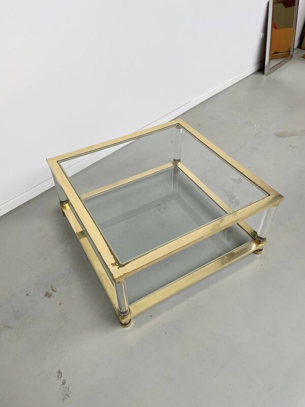 Table basse lucite, laiton et verre années 70