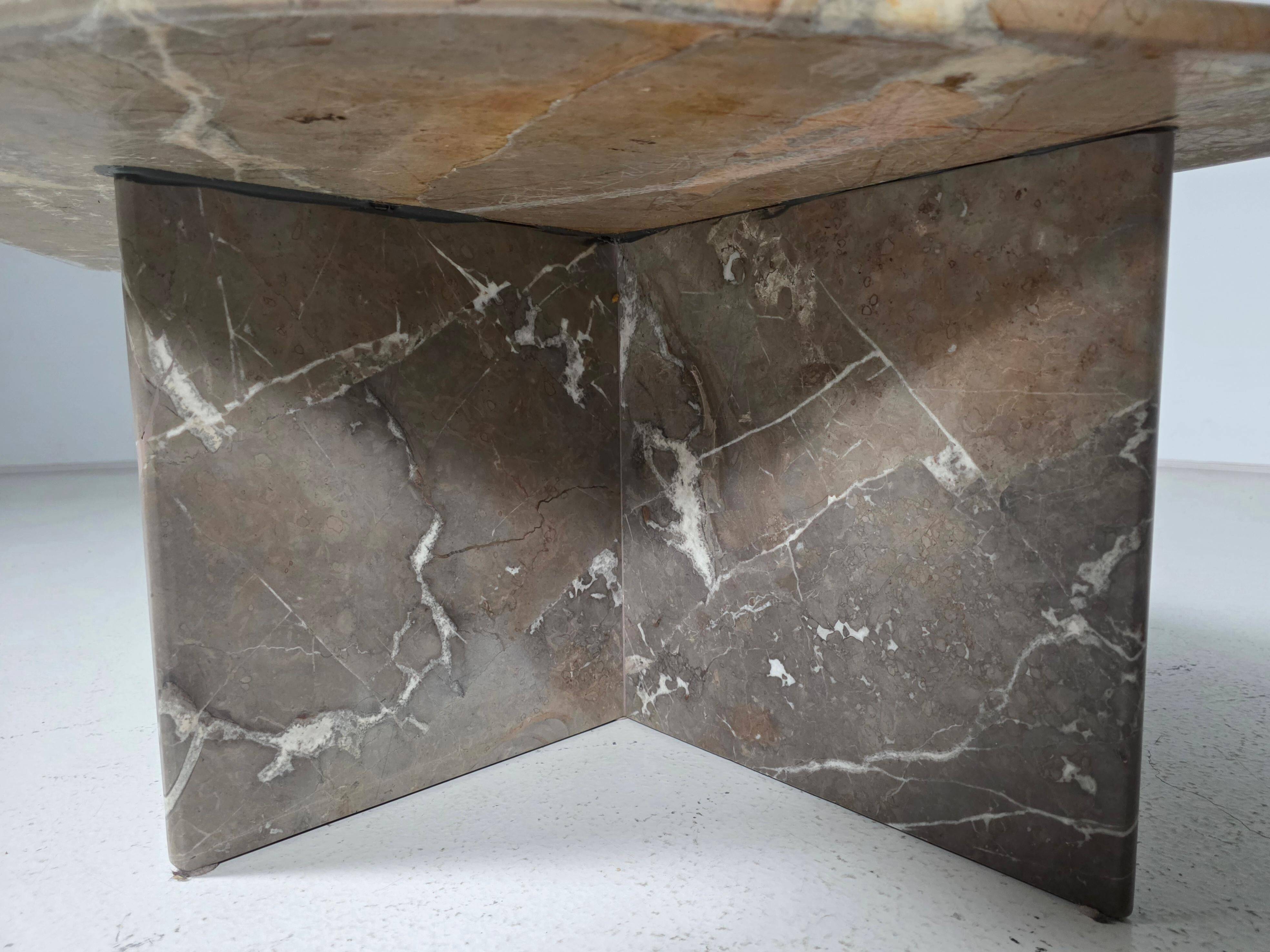 Sculptural Italian coffee tables in Breccia marble, 1970.