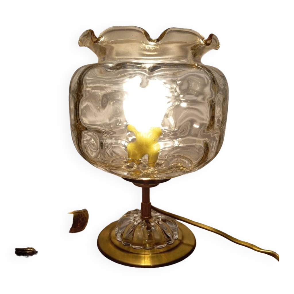 Broche Vintage Métal Doré Verre Ambré Irisé - Années 50 - Occasion - Oxydation Mineure