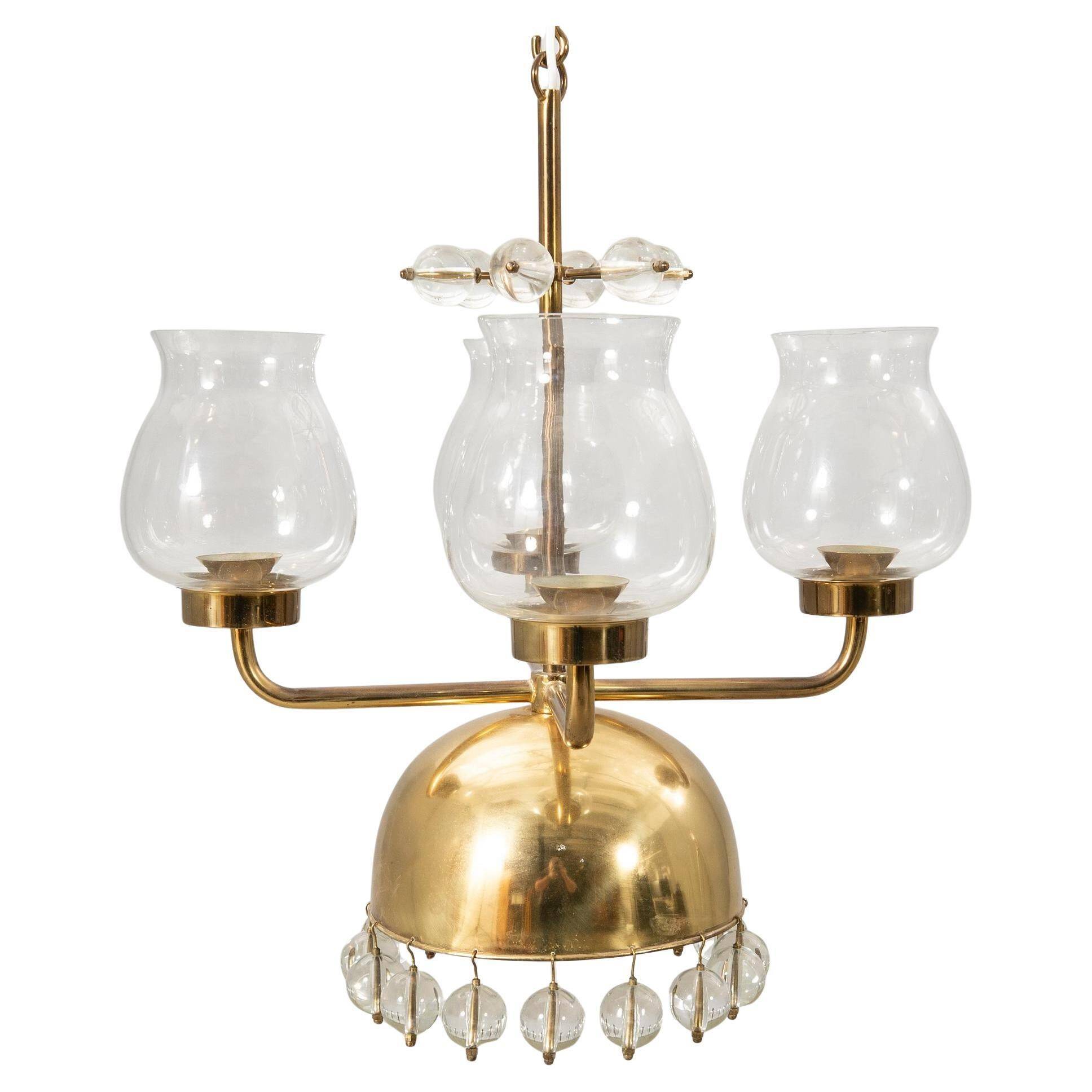 Chandelier Erik Höglund Brass and glass Sweden 1960