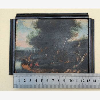 Flemish painting Oil on wood - Bucolic landscape in miniature